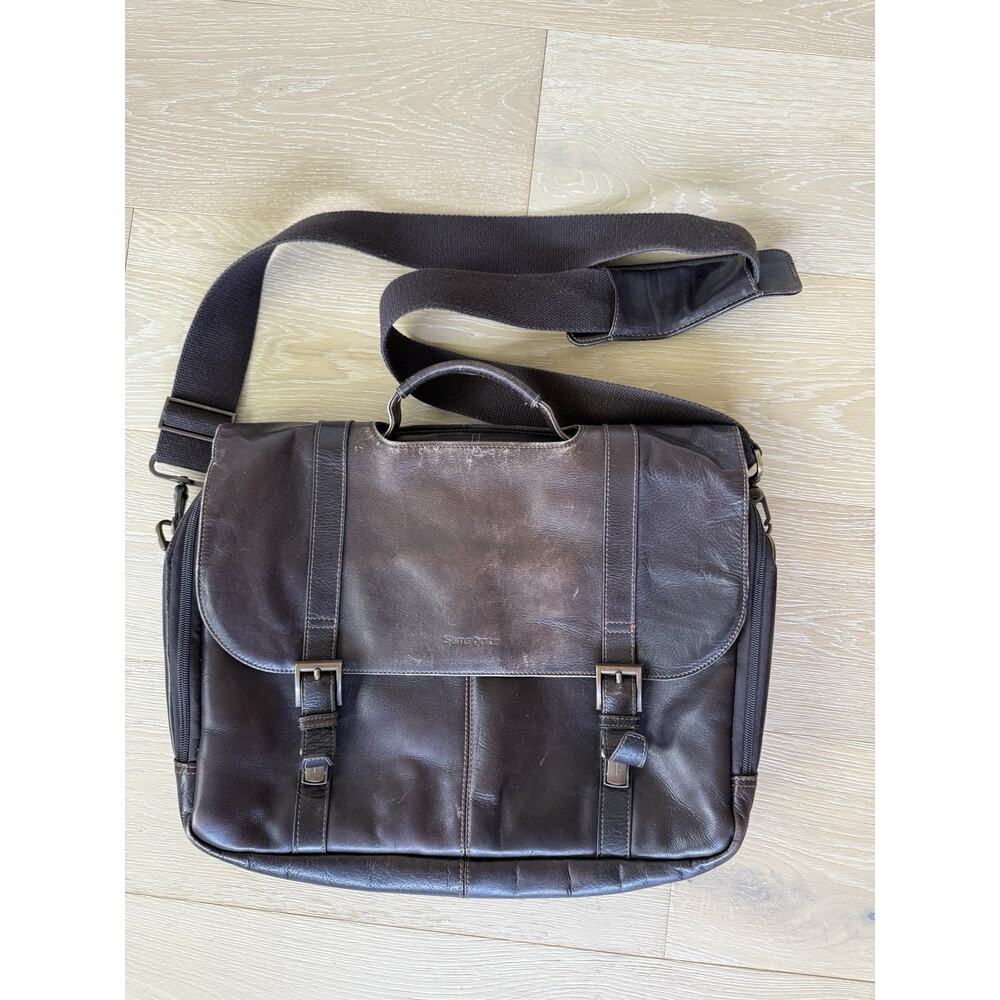 Samsonite Leather Fold Over Laptop Case Double Gusset Dark Brown Computer Bag
